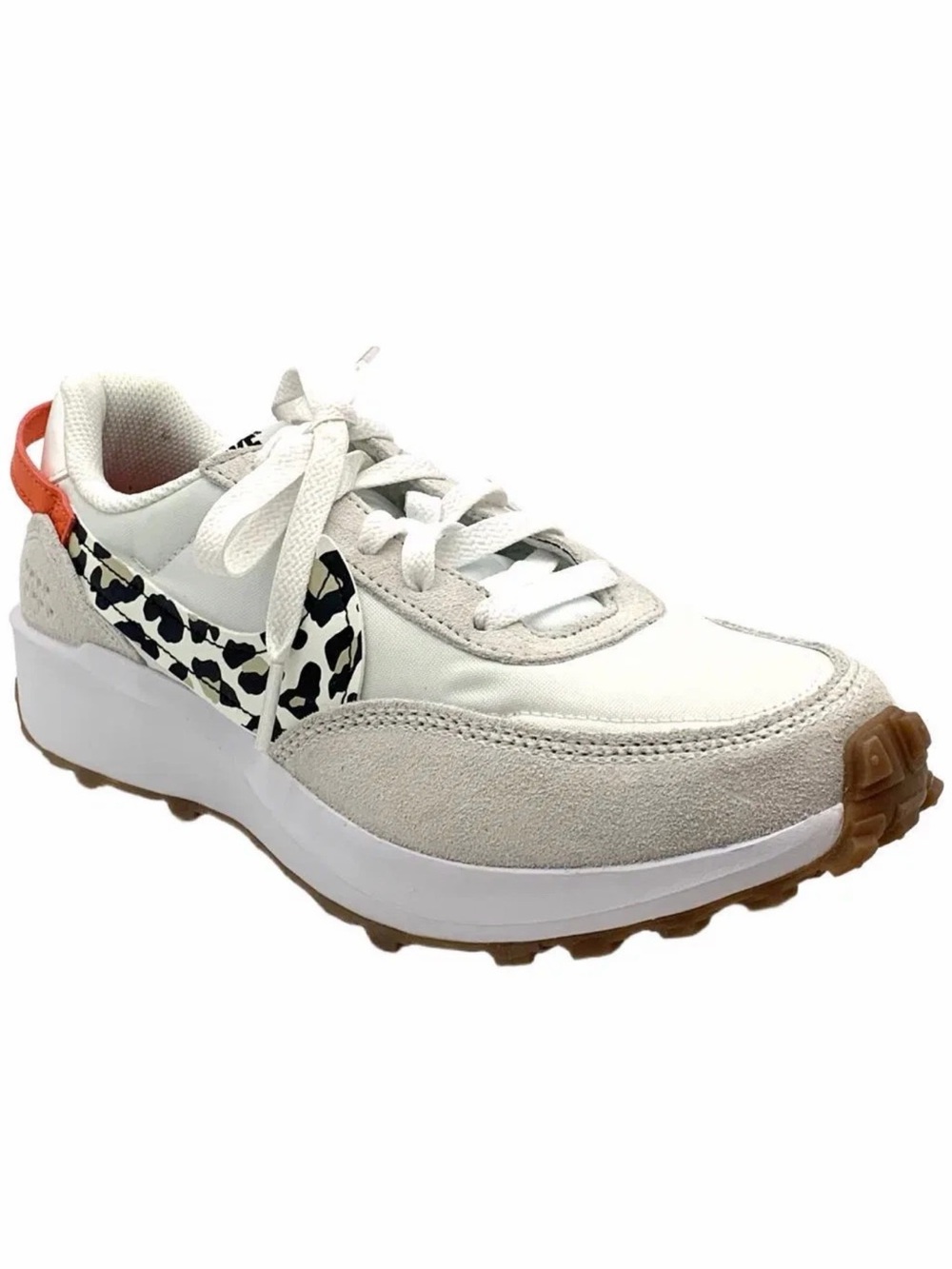 Nike White Platform Sneaker with Leopard-Print Swoosh and Orange Heel size 5